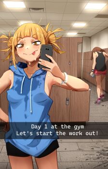 2girls :p absurdres after_cunnilingus ankle_socks arm_at_side armpits bags_under_eyes bare_shoulders biting biting_ear black_shorts black_tank_top blonde_hair blue_hoodie blunt_bangs blush bob_cut boku_no_hero_academia bottle breasts brown_hair ceiling cellphone cleavage closed_mouth clothes_lift commentary dolphin_shorts double_bun drink dripping english_commentary english_text eyes_out_of_frame fluorescent_lamp gym hair_bun hair_up hand_on_another's_face hand_on_own_hip head_out_of_frame highres holding holding_bottle holding_drink holding_phone holding_water hood hood_down hoodie implied_after_cunnilingus implied_after_sex implied_cunnilingus indoors khyle. locker locker_room looking_at_viewer looking_down loose_hair_strand medium_breasts messy_hair multiple_girls no_bra paid_reward_available phone photo-referenced pink_shoes pink_shorts puddle pussy_juice pussy_juice_on_face pussy_juice_stain selfie shirt shirt_lift shoes short_hair short_shorts shorts sideboob sleeveless sleeveless_hoodie slit_pupils smartphone smile sneakers socks standing subtitled sweat tank_top tile_ceiling tile_floor tiles toga_himiko tongue tongue_out uraraka_ochako vent_(object) very_sweaty walking water_bottle wavy_mouth wet wet_clothes wet_shirt white_socks wristband yellow_eyes yuri