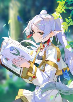 1girl absurdres blurry blurry_background book capelet closed_mouth commentary dress earrings elf english_commentary floating_earrings frieren from_side green_eyes grey_hair highres jewelry kanniiepan long_hair looking_at_viewer open_book parted_bangs pointy_ears reading shirt solo sousou_no_frieren striped_clothes striped_shirt teardrop_earrings twintails white_capelet white_dress