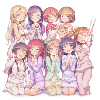Rule 34 | 10s, 6+girls, :d, ;), ;d, ^ ^, alternate hairstyle, ayase eli, barefoot, blush, closed eyes, copyright name, hair down, highres, hoshizora rin, koizumi hanayo, kosaka honoka, kuinji 51go, letter pose, long hair, looking at viewer, love live!, love live! school idol festival, love live! school idol project, minami kotori, multiple girls, nishikino maki, one eye closed, open mouth, pajamas, pantyhose, pastel colors, pom pom (clothes), smile, sonoda umi, star (symbol), star print, striped clothes, striped legwear, striped pantyhose, thighhighs, tojo nozomi, yazawa nico