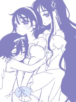 3girls alien_stage blue_bow bound bound_wrists bow closed_eyes coldmeow girl_sandwich hair_bow hair_ornament hairband highres hug long_hair multiple_girls multiple_persona official_alternate_hair_length official_alternate_hairstyle sandwiched selfcest sketch smile sua_(alien_stage) very_long_hair wings wrist_bow x_hair_ornament yuri