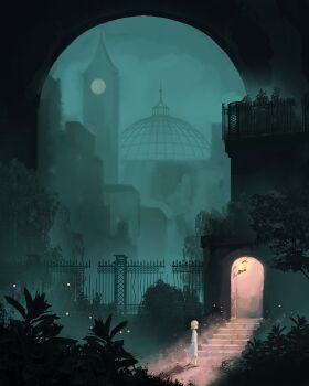 1girl aqua_theme arm_at_side blonde_hair bug bush commentary_request dome doorway dress fence firefly from_side highres insect iron_fence night original outdoors scenery short_hair solo somei_yoshinori tower tree urban very_wide_shot walking white_dress