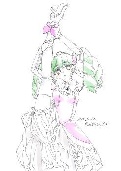 Rule 34 | 1girl, arms up, bloomers, boots, bow, bowtie, commentary request, expressionless, falulu, flexible, green hair, high heel boots, high heels, highres, hokahoka yudoufu, holding own leg, i-shaped balance (meme), leg lift, leg up, long hair, looking at viewer, meme, partially colored, pretty series, pripara, solo, split, standing, standing on one leg, standing split, thigh boots, tiara, translation request, twintails, underwear