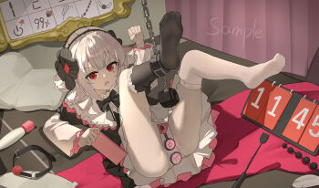 Rule 34 | 1girl, absurdres, asymmetrical legwear, ball gag, bdsm, black bow, black bowtie, black socks, bow, bowtie, butt plug, chain, chastity belt, dddm, dress, drill hair, feet, flower, full body, gag, hair flower, hair ornament, highres, indoors, legs, legs up, long sleeves, looking at viewer, lying, mark under eye, on back, on bed, open mouth, pantyhose, pillow, red eyes, restrained, sample watermark, sex toy, socks, soles, solo, tail, thighhighs, tlipoca, toes, twin drills, vibrator, watermark, white hair, white pantyhose, white thighhighs, wiffle gag, yog-sothoth's yard