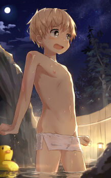 1boy absurdres adonis_belt backlighting bare_legs bathing blonde_hair blurry blurry_foreground blush bulge fireflies full_moon highres lantern male_focus moon naked_towel navel night nipples onsen open_mouth original outdoors partially_submerged rock rubber_duck see-through_clothes short_hair shota signature sky solo standing star_(sky) starry_sky steam topless_male towel tree wading water wet wet_towel zutaboro