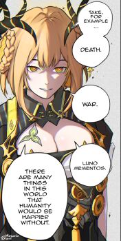 1girl @_@ antlers artist_name black_shirt blonde_hair braid breasts chainsaw_man cleavage cleavage_cutout clothing_cutout collared_shirt comic_panel_redraw derivative_work duet_night_abyss english_text horns large_breasts long_hair looking_at_viewer makima_(chainsaw_man) mesaria_art no_mole parody shirt smile solo speech_bubble upper_body white_background yellow_eyes zhiliu_(duet_night_abyss)