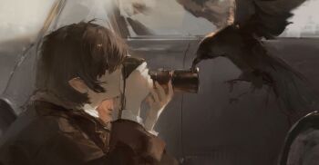 Rule 34 | 1girl, bird, brown coat, brown hair, camera, car, coat, commentary request, crow, facing ahead, from side, highres, holding, holding camera, motor vehicle, painterly, pointy ears, portrait, sawararado, shameimaru aya, shirt, taking picture, touhou, warm colored, white shirt