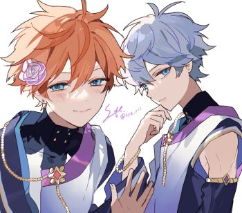 2boys akehoshi_subaru artist_name black_shirt blue_eyes closed_mouth commentary_request detached_sleeves ensemble_stars! flower grey_hair hair_between_eyes hair_flower hair_ornament hand_on_own_chin looking_at_viewer multiple_boys official_alternate_costume orange_hair purple_flower sena_izumi_(ensemble_stars!) shirt simple_background sketch smile syerii upper_body white_background