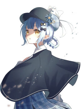 1girl absurdres black_capelet black_hat blue_hair blue_skirt braid braided_hair_rings capelet commentary_request cowboy_shot deerstalker from_side hair_rings hat highres long_sleeves looking_at_viewer looking_back mahou_shoujo_no_majo_saiban nuko_tama315 plaid_clothes plaid_skirt pleated_skirt shaded_face short_hair simple_background skirt solo standing tachibana_sherry white_background yellow_eyes