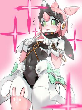 1girl @_@ black_sclera bow breasts colored_sclera cowboy_shot flying_sweatdrops green_bow green_eyes highres humanoid_robot index_fingers_together joints open_mouth pink_background pink_hair robot robot_ears robot_girl robot_joints sirachi small_breasts solo wavy_mouth yutane_johiel zenless_zone_zero