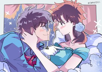 Rule 34 | 1boy, 1girl, aqua dress, bare shoulders, blue shirt, blush, border, breasts, brown hair, closed mouth, collared shirt, couple, dress, flower, gloves, hair flower, hair ornament, hand in another's hair, hetero, highres, kuroba kaito, long hair, looking at another, magic kaito, medium breasts, monocle, nakamori aoko, necktie, off-shoulder dress, off shoulder, red necktie, shirt, short hair, smile, sparkle, tomoe00022, twitter username, upper body, white border, white gloves