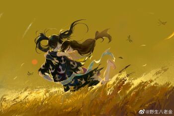 1boy 1girl aged_up bandaged_arm bandages black_hair black_kimono bug dororo_(character) dororo_(tezuka) dragonfly guaili_bajin highres hug hyakkimaru_(dororo) insect japanese_clothes kimono long_hair outdoors ponytail sandals sky very_long_hair wheat_field yellow_sky
