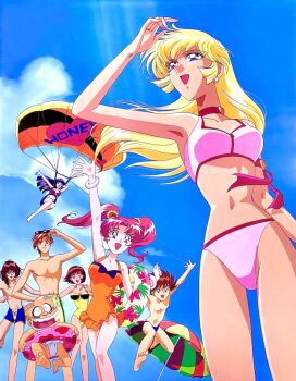 Rule 34 | 4boys, 4girls, armband, armpits, arms up, beach, bikini, blonde hair, blue eyes, breasts, brown hair, choker, cleavage, cutie honey, cutie honey flash, earrings, fundoshi, hair ornament, hayami danbei, hayami seiji, heart, heart choker, highres, iisaka yukako, japanese clothes, jewelry, kisaragi honey, long hair, male swimwear, medium breasts, multiple boys, multiple girls, nagai gou, natsuko aki, navel, official art, one-piece swimsuit, open mouth, parachute, pink hair, swim briefs, swim ring, swim trunks, swimsuit, tagme, toei company, topless male, twintails