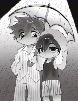 2boys antenna_hair arms_up blush closed_mouth collarbone double-parted_bangs drying greyscale hair_between_eyes height_difference hero_(headspace)_(omori) hero_(omori) highres holding holding_towel holding_umbrella long_sleeves looking_at_another lyuz_(justtoseemeplea) male_focus monochrome multiple_boys omori omori_(omori) pajamas pants rain short_hair shorts smile striped_clothes striped_pajamas striped_pants striped_shorts tank_top towel umbrella vertical-striped_clothes vertical-striped_pajamas vertical-striped_pants vertical-striped_shorts