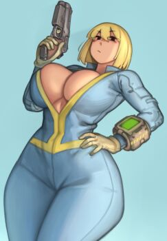 1girl absurdres black_eyes blonde_hair blue_jumpsuit blurry blurry_background bob_cut breasts brown_gloves cleavage closed_mouth commentary dutch_angle english_commentary fallout fallout_4 from_below gloves gun hand_on_own_hip highres holding holding_gun holding_weapon jumpsuit kelvin_hiu large_breasts long_sleeves looking_at_viewer pip_boy short_hair simple_background solo underboob vault_girl vault_suit weapon