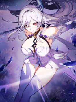 1girl absurdres breasts chest_harness cleavage closed_mouth commentary dress floating_hair genshin_impact harness highres holding holding_sword holding_weapon large_breasts long_hair looking_at_viewer mikeekakiaka2 purple_hands purple_thighhighs red_eyes serious skirk_(genshin_impact) sky solo star_(sky) starry_sky_background sword thighhighs weapon white_dress white_hair