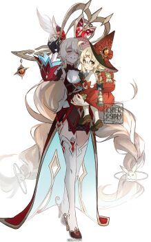 2girls ahoge alice_(genshin_impact) backpack bag black_gloves blonde_hair bow braid brown_shoes carrying child_carry commentary detached_sleeves dodoco_(genshin_impact) dress full_body genshin_impact gloves glowing glowing_eyes hair_between_eyes hat hat_bow high_heels highres klee_(blossoming_starlight)_(genshin_impact) klee_(genshin_impact) lantern long_hair looking_at_viewer mary_janes mother_and_daughter multiple_girls nail_polish official_alternate_costume orange_eyes pointy_ears red_dress red_hat red_nails red_ribbon red_sleeves ribbon ryrmcher shaded_face shoes single_glove smile thighhighs twin_braids very_long_hair vision_(genshin_impact) white_background white_thighhighs witch_hat