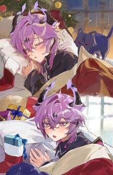 1boy black_pajamas christmas_stocking christmas_tree colored_eyelashes covering_with_blanket diamond-shaped_pupils diamond_(shape) dragon dragon_boy dragon_horns durin_(genshin_impact) eyes_visible_through_hair genshin_impact gift hair_between_eyes highres horns kanase_e pajamas purple_hair red_eyes scaramouche_(cat)_(genshin_impact) scaramouche_(genshin_impact) sleeping symbol-shaped_pupils
