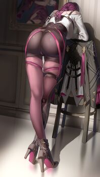 1girl ass asymmetrical_footwear black_boots black_jacket boots chair from_behind full_body high_heel_boots high_heels highres honkai:_star_rail honkai_(series) indoors jacket kafka_(honkai:_star_rail) long_sleeves medium_hair off_shoulder pantyhose photo_(object) purple_hair purple_pantyhose shadow shirt silence_girl solo standing thigh_boots uneven_footwear unworn_jacket white_shirt