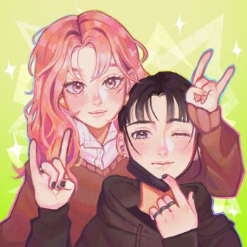 2girls \n/ behind_another black_hair black_hoodie black_nails brown_sweater closed_mouth collared_shirt commentary derivative_work dress_shirt ear_piercing earrings english_commentary green_background grey_eyes hand_up highres hood hood_down hoodie jewelry kininatteru_hito_ga_otoko_ja_nakatta koga_mitsuki kohai_chi light_smile long_hair mask mask_pull mole mole_under_eye mouth_mask multiple_girls multiple_rings one_eye_closed oosawa_aya parted_bangs piercing pink_eyes pink_hair ring shirt sparkle sweater upper_body white_shirt