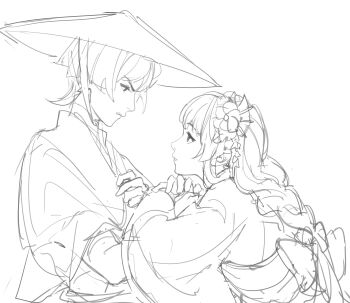 Rule 34 | 1boy, 1girl, absurdres, back bow, blunt bangs, bow, braid, clenched teeth, commentary, crmnlmlfhntr, english commentary, flower, from side, genshin impact, hair between eyes, hair ornament, hat, highres, leaning forward, long sleeves, looking at viewer, looking down, looking up, makoto (genshin impact), monochrome, sash, scaramouche (genshin impact), single braid, sketch, teeth, unfinished, upper body, white background, wide sleeves, wisteria