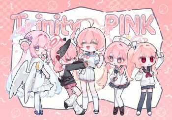 Rule 34 | > <, 5girls, ahoge, black sailor collar, black shoes, black skirt, black thighhighs, black wings, blue archive, blue sailor collar, blush, boots, breasts, cellphone, chibi, chibi only, closed eyes, color connection, commentary request, dress, english text, feathered wings, finger to mouth, flower, hair bun, hair color connection, hair flower, hair ornament, halo, hanako (blue archive), hat, head wings, highres, holding, holding phone, index finger raised, koharu (blue archive), korean commentary, leg warmers, long hair, mika (blue archive), multiple girls, nagakiras2, natsu (blue archive), neckerchief, nurse cap, open mouth, pantyhose, phone, pink eyes, pink hair, pleated skirt, purple flower, red eyes, sailor collar, school uniform, serafuku, serina (blue archive), shoes, side ponytail, single side bun, skirt, socks, standing, thighhighs, very long hair, w, white dress, white hat, white leg warmers, white pantyhose, white sailor collar, white skirt, white socks, white wings, wing ornament, wings