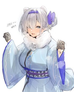 1girl absurdres alternate_costume alternate_hairstyle animal_ears arknights aurora_(arknights) bear_ears bear_girl black_gloves blue_eyes blue_kimono blush breasts commentary dated extra_ears gloves grey_hair hair_bun hair_over_one_eye hands_up highres horn/wood japanese_clothes kimono large_breasts looking_at_viewer obi open_mouth sash simple_background single_hair_bun sketch smile solo symbol-only_commentary upper_body white_background wide_sleeves