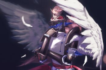 Rule 34 | absurdres, black background, blonde hair, blue eyes, blurry, blurry background, digimon, digimon (creature), duftmon, feathered wings, highres, knight, long hair, notaventura, royal knights, simple background, upper body, white wings, wings