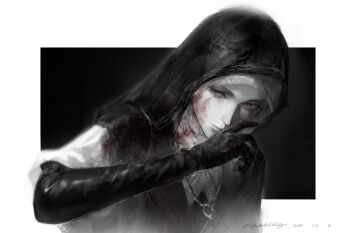 1girl black_background black_capelet black_gloves black_hood blood blood_on_clothes blood_on_face border capelet commentary_request dated dress elden_ring elden_ring_nightreign gloves highres jewelry looking_to_the_side necklace nun outside_border red_eyes signature slashlllg solo undertaker_(elden_ring) white_border white_coif white_dress wiping_mouth