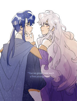 1boy 1girl absurdres armor blue_cape blue_eyes blue_hair blue_tunic cape circlet closed_mouth curly_hair deirdre_(fire_emblem) dress english_text fire_emblem fire_emblem:_genealogy_of_the_holy_war fluffy_hair from_behind gloves gold_circlet hand_on_another&#039;s_cheek hand_on_another&#039;s_face headband highres julianlynnnn long_hair long_sleeves looking_at_another low_ponytail mother_and_son nintendo off-shoulder_dress off_shoulder open_mouth pauldrons ponytail profile puffy_long_sleeves puffy_sleeves purple_dress purple_eyes purple_hair seliph_(fire_emblem) shoulder_armor sidelocks simple_background smile tunic upper_body very_long_hair white_background white_gloves white_hair white_headband