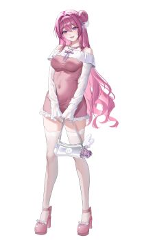 1girl absurdres alternate_costume bag commentary_request covered_navel doro_(nikke) dorothy_(nikke) dress full_body ggoong_(pooplambgoong22) goddess_of_victory:_nikke hair_bun hair_intakes handbag high_heels highres holding holding_bag jewelry korean_commentary long_hair long_sleeves necklace off-shoulder_dress off_shoulder open_mouth pink_dress pink_hair pink_shoes purple_eyes purple_ribbon ribbon see-through_clothes see-through_thighhighs shoes single_side_bun sleeves_past_wrists smile solo thighhighs white_thighhighs wing_ornament