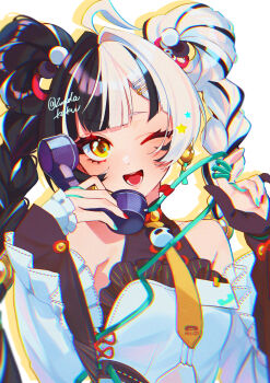1girl ahoge aqua_nails bare_shoulders black_hair braid braided_twintails breasts china_dress chinese_clothes collarbone commentary_request corded_phone detached_sleeves dialyn_(zenless_zone_zero) double_bun dress earrings gloves hair_bun hair_extensions hair_intakes hair_ornament hairclip highres holding holding_phone id_card jewelry long_hair looking_at_viewer multicolored_hair multicolored_nails necktie one_eye_closed open_mouth panda_hair_ornament partially_fingerless_gloves phone red_nails ring_hair_extensions simple_background small_breasts solo sparkling_eyes split-color_hair star_(symbol) star_hair_ornament twitter_username upper_body white_background white_dress white_hair white_sleeves wire yellow_eyes yellow_necktie zenless_zone_zero zunda_kaku