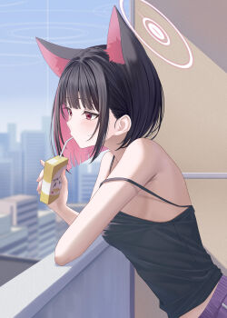 1girl absurdres animal_ear_fluff animal_ears armpit_crease balcony black_camisole black_hair blue_archive blurry blurry_background building camisole colored_inner_hair comiket_107 commentary_request day depth_of_field drink_carton drinking_straw drinking_straw_in_mouth halo hand_up highres holding holding_juice_box juice_box kazusa_(blue_archive) multicolored_hair outdoors pink_halo rama_(yu-light8) red_eyes solo spaghetti_strap strap_slip upper_body
