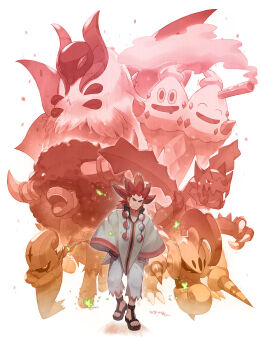 1boy absurdres accelgor alder_(pokemon) black_sandals bouffalant closed_mouth collarbone commentary_request druddigon escavalier facial_hair gen_5_pokemon grey_eyes hair_tie highres jewelry long_hair male_focus multicolored_hair necklace nintendo odd_(hin_yari) orange_hair pants poke_ball poke_ball_(basic) pokemon pokemon_(creature) pokemon_bw poncho ponytail popped_collar red_hair sandals smile spiked_hair standing torn_clothes torn_pants two-tone_hair vanilluxe volcarona white_pants