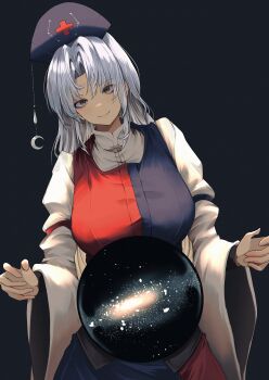 1girl absurdres black_background breasts brown_eyes closed_mouth commentary constellation_print dress galaxy hat highres large_breasts long_sleeves looking_at_viewer nurse_cap parted_bangs simple_background smile solo symbol-only_commentary touhou trigram two-tone_dress wide_sleeves yagokoro_eirin yagoro_kusuriya