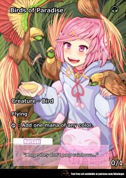1girl :3 :d absurdres animal animal_on_head animal_on_shoulder animal_print artist_name bell bird bird-of-paradise bird_on_hand bird_on_head bird_on_shoulder bluekapo_art blush bowl brown_bird card casual cat_hair_ornament cat_print collar commentary cowboy_shot dialogue_box doki_doki_literature_club drawstring english_commentary english_text eyelashes feeding fence flying foliage gameplay_mechanics green_bird grey_hoodie hair_ornament hairclip highres holding holding_animal holding_bird holding_bowl hood hood_down hoodie jingle_bell long_hoodie long_sleeves looking_at_animal magic:_the_gathering multicolored_bird natsuki_(doki_doki_literature_club) neck_bell on_head open_mouth parallel_hairclips patchwork_clothes patreon_username pink_collar pink_eyes pink_hair pink_hoodie pink_shirt plaid_clothes plaid_skirt playing_card pleated_skirt pom_pom_(clothes) railing red_bird shirt skirt smile solo teeth tree two-tone_hoodie two_side_up upper_teeth_only