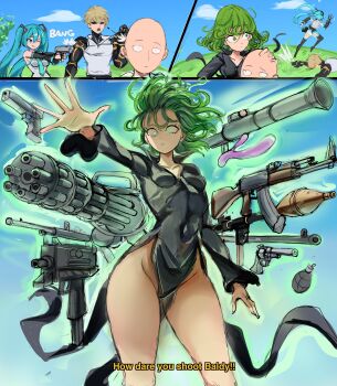 2boys 2girls ak-47 aqua_eyes aqua_hair assault_rifle bald black_dress black_sclera blonde_hair blue_sky breasts colored_sclera commentary cyborg dildo dress energy english_text explosive firing fortnite gatling_gun genos green_eyes green_hair grenade groin gun handgun hatsune_miku highres kalashnikov_rifle multiple_boys multiple_girls necktie one-punch_man open_hand parted_lips pelvic_curtain rakeemspoon revolver rifle rocket_launcher running saitama_(one-punch_man) sex_toy sky small_breasts submachine_gun tatsumaki thighs vocaloid weapon when_you_see_it yellow_eyes