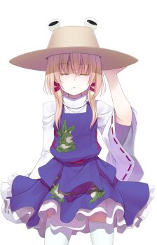 Rule 34 | 1girl, adjusting clothes, adjusting headwear, animal print, arm at side, arm up, blonde hair, brown hat, closed eyes, closed mouth, colored eyelashes, commentary request, cowboy shot, crote, facing viewer, frilled skirt, frills, frog print, hair between eyes, hair ribbon, hat, highres, large variant set, legs apart, long sleeves, medium hair, moriya suwako, petticoat, purple skirt, purple vest, ribbon, ribbon-trimmed sleeves, ribbon trim, shirt, sidelocks, skirt, solo, standing, tachi-e, thighhighs, touhou, transparent background, turtleneck, turtleneck shirt, u u, variant set, vest, white shirt, white thighhighs