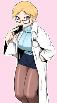 Rule 34 | 1girl, bad id, bad pixiv id, battle spirits, battle spirits: brave, black card, blonde hair, breasts, brown pantyhose, card, card in mouth, female focus, glasses, hand on own hip, hip focus, holding, holding card, lab coat, large breasts, lipstick, looking at viewer, makeup, mature female, microskirt, miniskirt, mouth hold, naughty face, open clothes, orange hair, pantyhose, pen, pencil skirt, purple eyes, short hair, simple background, skirt, smile, solo, stella (battle spirits brave), stella korabelishchikov, sweater, tsukudani (coke-buta), turtleneck