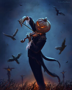 1boy artist_name bird black_jacket black_pants crow glowing glowing_eyes halloween highres holding holding_instrument holding_violin instrument jack-o&#039;-lantern jacket looking_at_viewer night original outdoors pants pumpkin_head solo violin yulia_zhuchkova