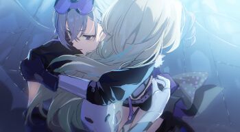 2girls absurdres backlighting black-framed_eyewear black_gloves black_jacket bodysuit commentary_request crossed_bangs drill_hair drill_ponytail fingerless_gloves firefly_(ar-26710)_(honkai:_star_rail) firefly_(honkai:_star_rail) from_behind fur-trimmed_jacket fur_trim gloves goggles goggles_on_head grey_hair hair_between_eyes half-closed_eyes high_ponytail highres honkai:_star_rail honkai_(series) hug indoors jacket long_hair long_sleeves looking_at_another mecha_pilot_suit multicolored_hair multiple_girls official_alternate_costume polka_dot ponytail puffy_long_sleeves puffy_sleeves purple-tinted_eyewear purple_eyes purple_hair purple_pupils silver_wolf_(honkai:_star_rail) streaked_hair teeth tinted_eyewear upper_body white_bodysuit zassyoku_dd