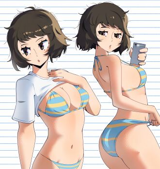 1girl absurdres ass bikini blue_bikini breasts brown_eyes brown_hair cellphone clothes_lift commentary english_commentary gjh highres holding holding_phone kawakami_sadayo looking_at_viewer medium_breasts multiple_views navel parted_lips persona persona_5 persona_5_the_royal phone shirt shirt_lift short_hair smartphone stomach strap_gap striped_bikini striped_clothes swimsuit white_background white_shirt