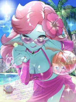 Rule 34 | 1girl, beach, bent over, bikini, blue skin, blue sky, breasts, bridal gauntlets, choker, cleavage, cloud, collarbone, colored skin, commentary request, cowboy shot, creature request, day, dragon quest, dragon quest x, fins, fish girl, flower, foliage, gem, green gemstone, hair flower, hair ornament, head fins, heart, heart-shaped eyewear, hibiscus, highres, inflatable toy, licking lips, long hair, looking at viewer, medium breasts, midriff, monster girl, nikon (user aznh7528), one eye closed, opaque sunglasses, outdoors, palm tree, pink-framed eyewear, pink-tinted eyewear, pink bikini, pink bridal gauntlets, pink choker, pink eyes, pink flower, pink hair, pink lips, pink sarong, purple nails, sarong, she-slime, side part, sky, sparkle, starfish, sunglasses, swimsuit, tinted eyewear, tongue, tongue out, tree, water, weddie (dq10)