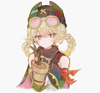 1girl armband artist_name bandana bare_shoulders black_bandana black_gloves black_hat black_sleeves blonde_hair blush braid closed_mouth detached_sleeves earclip genshin_impact gloves goggles goggles_on_head hair_between_eyes hair_rings hand_up hat hat_with_ears highres jahoda_(genshin_impact) long_sleeves looking_at_viewer pink-tinted_eyewear puffy_detached_sleeves puffy_long_sleeves puffy_sleeves red_armband ri_pi_o short_hair simple_background solo star-shaped_pupils star_(symbol) symbol-shaped_pupils tank_top tinted_eyewear upper_body v white_background white_tank_top yellow-framed_eyewear yellow_eyes