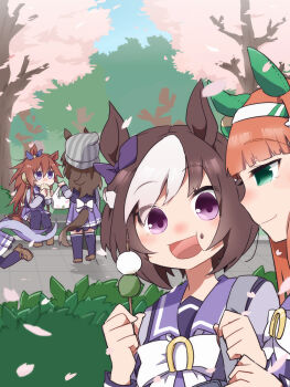 Rule 34 | 5girls, :d, animal ears, bag, beanie, beer hsk, blue sky, bow, bread, brown hair, character request, check character, commentary request, dango, day, ear ribbon, ears through headwear, eating, food, food on face, gold ship (umamusume), grey hair, grey hat, hair between eyes, hairband, hat, highres, holding, holding bag, holding food, horse ears, horse girl, horse tail, long hair, long sleeves, multicolored hair, multiple girls, nakayama festa (umamusume), on bench, open mouth, orange hair, orfevre (old design) (umamusume), outdoors, petals, pleated skirt, profile, puffy long sleeves, puffy sleeves, purple eyes, purple ribbon, purple shirt, purple skirt, purple thighhighs, ribbon, sanshoku dango, school uniform, shirt, short hair, silence suzuka (umamusume), sitting, skirt, sky, smile, special week (umamusume), striped clothes, striped headwear, tail, thighhighs, tracen school uniform, tree, two-tone hair, umamusume, vertical-striped clothes, vertical-striped headwear, very long hair, wagashi, white bow, white hair, white hairband