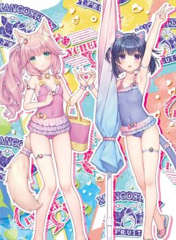 1girl arm_up armpits bag beach_umbrella bell black_hair blush breasts cameltoe casual_one-piece_swimsuit cat_girl cat_tail cleavage collar commentary_request covered_navel cowboy_shot cropped eyes_out_of_frame fraise_(nekopara) frilled_one-piece_swimsuit frills head_out_of_frame highres jingle_bell long_hair minazuki_shigure nekopara non-web_source official_art one-piece_swimsuit open_mouth pink_hair pink_one-piece_swimsuit ponytail purple_one-piece_swimsuit ribs sayori_(neko_works) short_hair small_breasts smile solo swimsuit tail thigh_gap thighs umbrella unfinished
