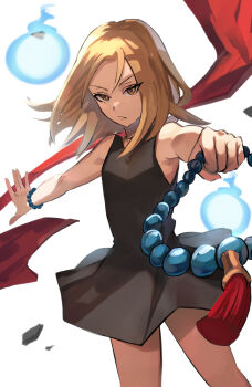 Rule 34 | 1girl, bare shoulders, bead bracelet, beads, black dress, blonde hair, bracelet, breasts, brown eyes, clenched hand, closed mouth, commentary, cowboy shot, daweykun, dress, frown, highres, hitodama, holding, holding jewelry, holding necklace, jewelry, kyouyama anna, looking at viewer, medium hair, necklace, outstretched arms, red scarf, scarf, shaman king, sleeveless, sleeveless dress, small breasts, solo, standing, white background