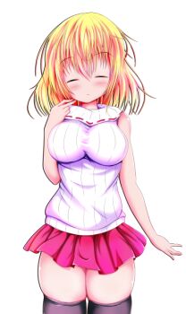 1girl amyi black_thighhighs blonde_hair blush bob_cut breasts closed_eyes closed_mouth cowboy_shot game_cg hair_between_eyes hand_up koucha_rakkyo large_breasts large_variant_set medium_hair miniskirt non-web_source open_mouth pleated_skirt red_skirt sabrina_to_muryoku_na_tamashii sidelocks simple_background skirt sleeveless sleeveless_sweater solo standing sweater tachi-e thighhighs thighs transparent_background turtleneck turtleneck_sweater variant_set white_sweater