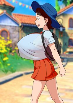 1girl absurdres bra breasts hat highres huge_breasts juliana_(pokemon) misaeldm nintendo oppai_loli outdoors pokemon pokemon_sv see-through_clothes see-through_shirt shirt skirt underwear walking