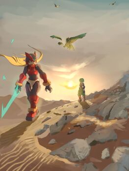 2boys absurdres armor blonde_hair desert energy_sword forehead_jewel helmet highres holding holding_sword holding_weapon long_hair male_focus mega_man_(series) mega_man_zero_(series) mega_man_zero_1 multiple_boys non-humanoid_robot omochi_(mochi_skymega) red_armor red_helmet robot robot_animal robot_bird shadow sun sunset sword walking weapon z_saber zero(z)_(mega_man) zero_(mega_man)