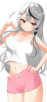 1girl absurdres alternate_costume bare_shoulders blush breasts camisole cleavage commentary_request cowboy_shot crop_top drawstring grey_hair hair_ornament highres hololive long_hair looking_at_viewer medium_breasts multicolored_hair navel nema_029 pink_shorts red_eyes sakamata_chloe shorts smile solo streaked_hair teeth virtual_youtuber white_camisole x_hair_ornament